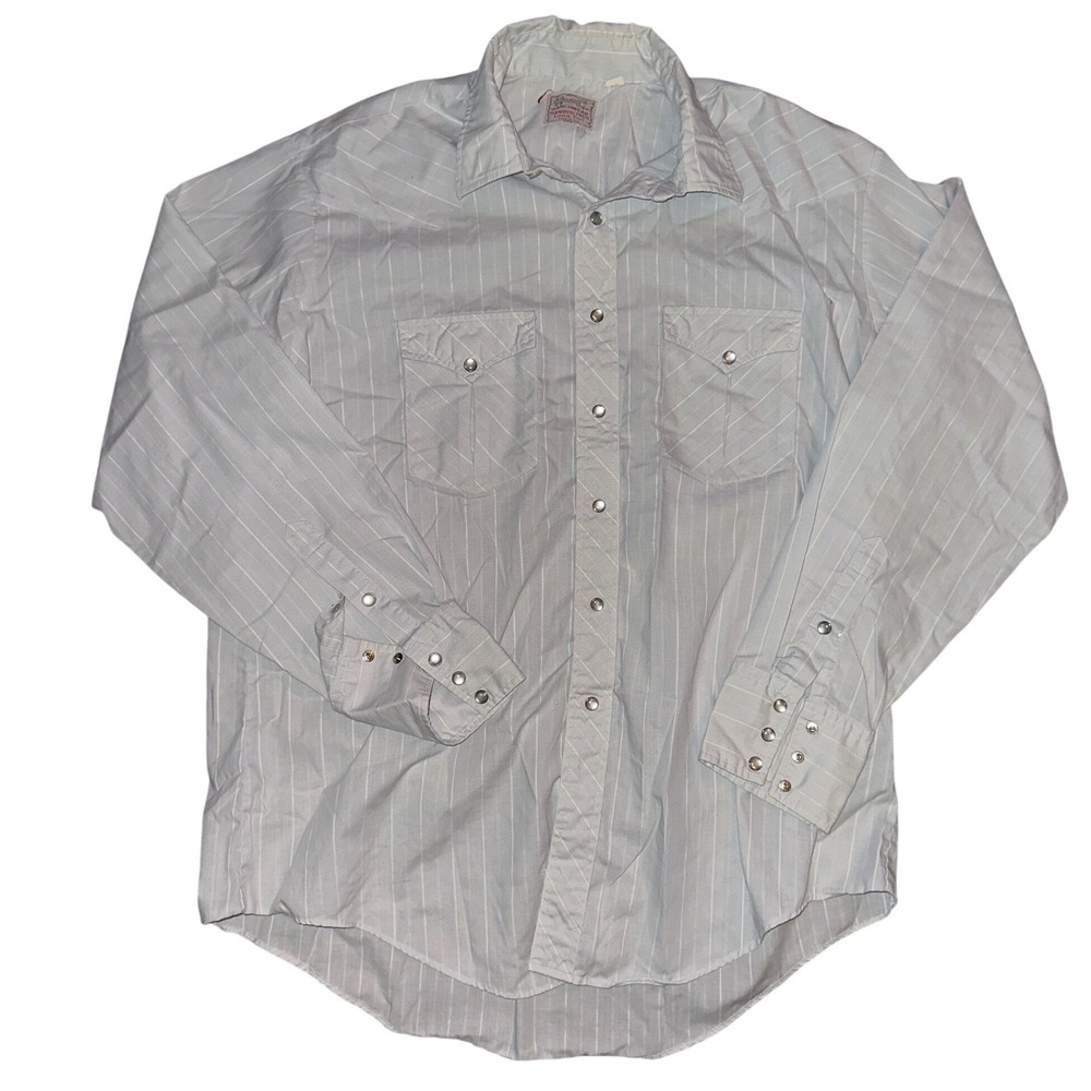 Vintage Bar C Ranchwear Western Pearl Snap Shirt Blue Stripe Long Tail 17.5